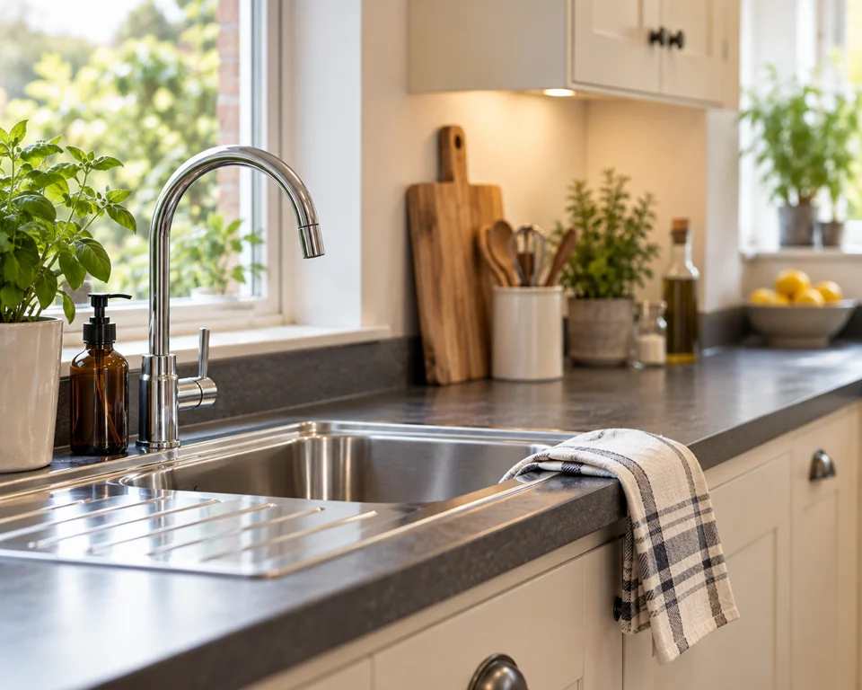 A clean kitchen worktop and sink with a folded tea towel